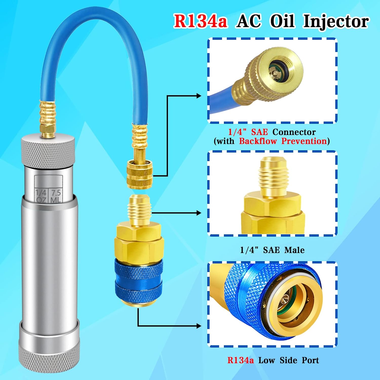 AC Oil Injector for R1234YF, R134A, R410A, HVAC Dye Oil Injector with 1/4" SAE Connector, 2 OZ Refrigerant Hand Turn AC Oil Injector Tool, for R1234YF R134A R410A Refrigerant System