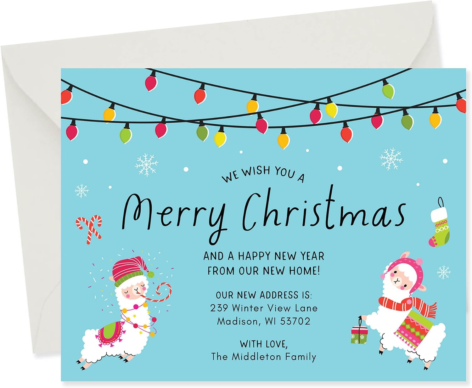 Christmas Llamas Moving Announcement Cards, Flat 5.5x4.25 Personalized Holiday New Address Cards with Envelopes