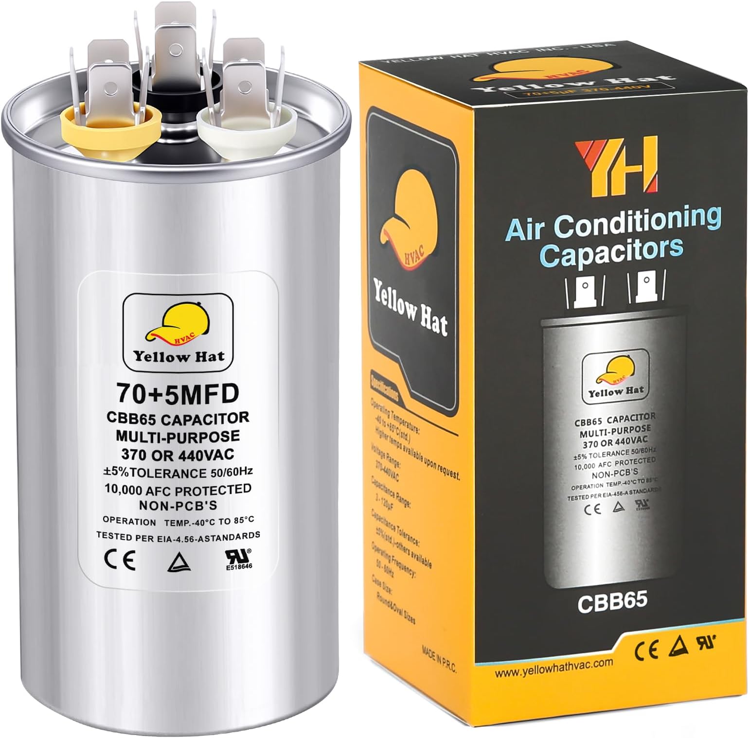 Capacitor for Air Conditioner 70+5 uf MFD 370 or 440 Volt VAC, Multi-Purpose Round Capacitor for AC Motor Run or Fan Motor Start or Condenser Straight