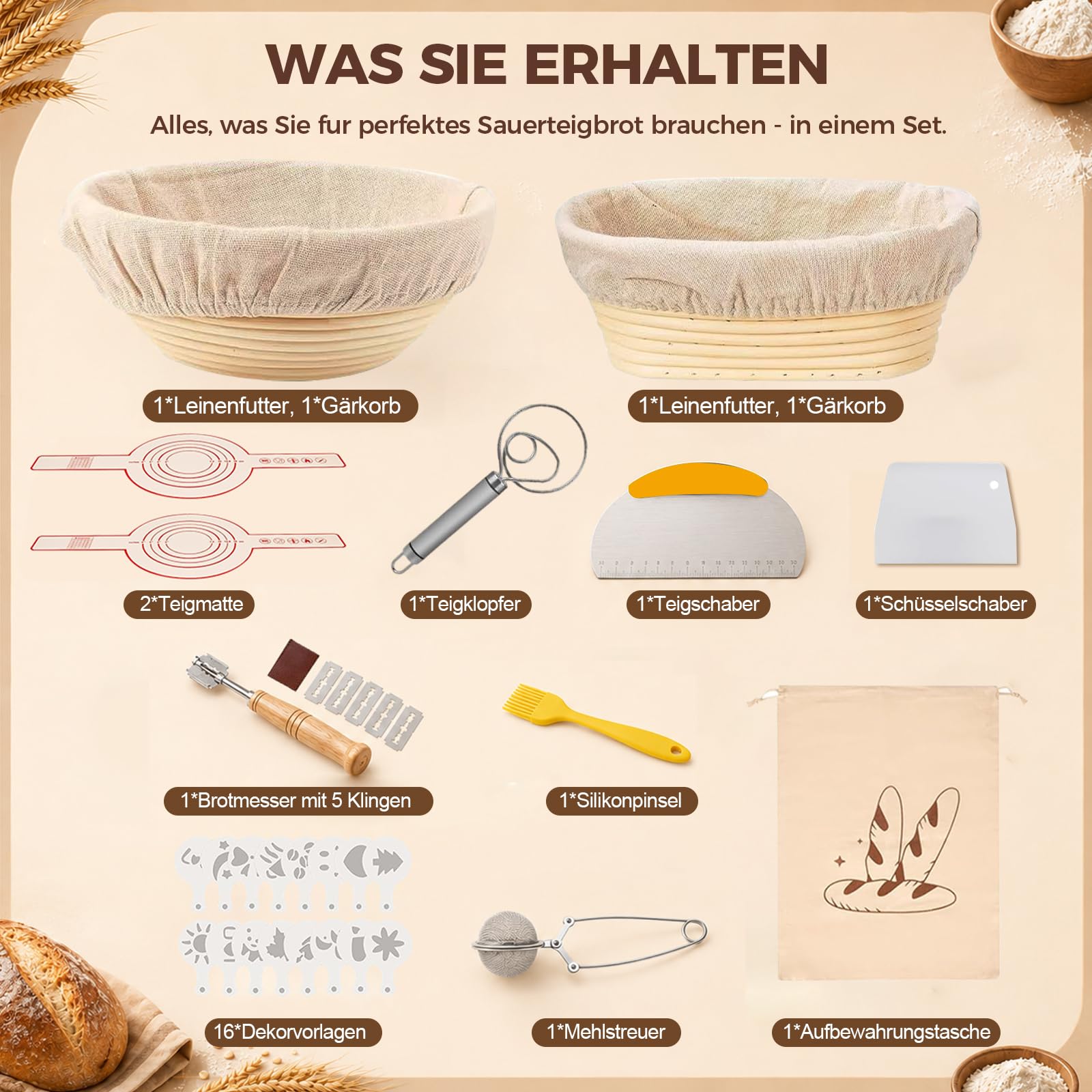 Juego de 14 cestas de fermentación, cesta de fermentación de pan, de silicona (23 cm redonda y 25 cm ovalada), cesta de fermentación para fermentación de pan, plegable, accesorios para hornear, para