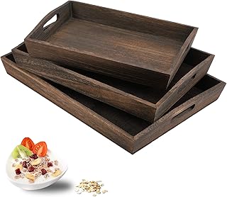 JUZI Rustic Wood Serving Tray with Handles-Set of 3(3PC Set)-Large Serving Trays for Eating, Breakfast, Party, Kitchen, Ot...