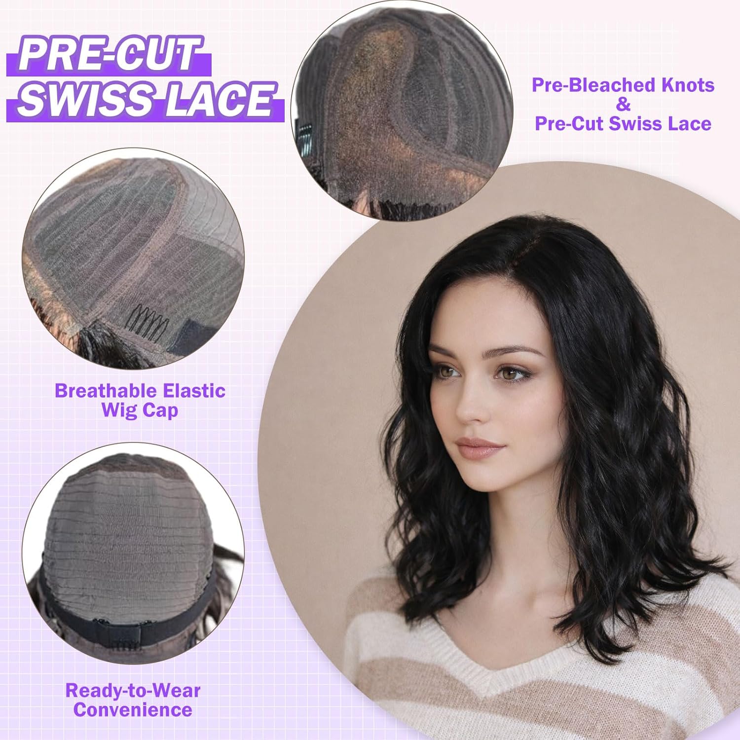 16 Inch Body Wave Human Hair Wig - Bye Bye Knots Glueless Wig with Pre-Cut Swiss Lace & Pre-Bleached Knots - 100% Brazilian Remy Human Hair Side Part Lace Front Wig Natural Black Color