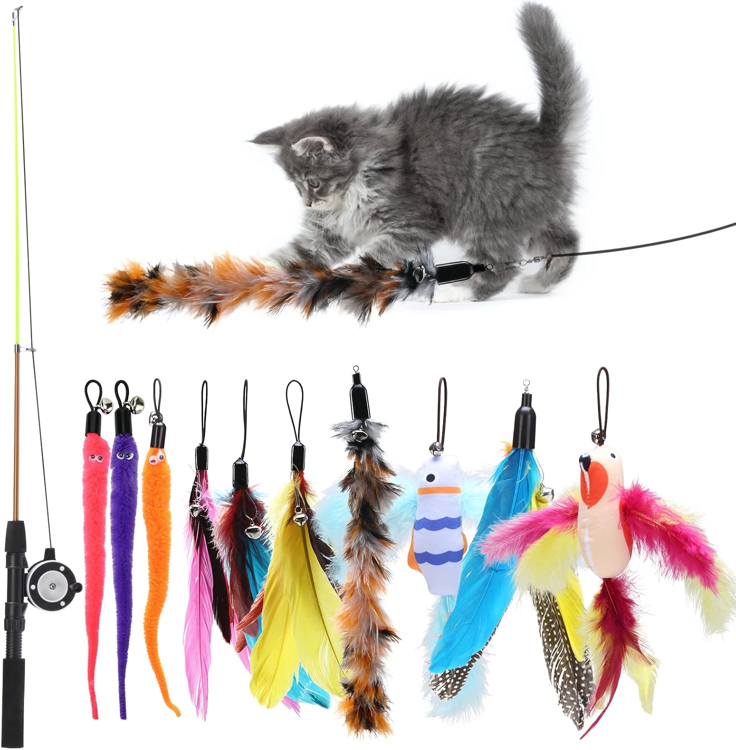 Interactive Toys for Cats, 11 PCS Cat Feather Toys for Indoor Cats Multi Teaser Toys Refills with Bells for Cat Wands Toy, Kitten…