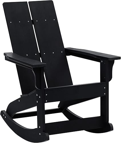 Flash Furniture Finn Modern - Mecedora Adirondack de madera de poliresina de grado comercial, poliestireno negro para todo tipo de clima, respaldo