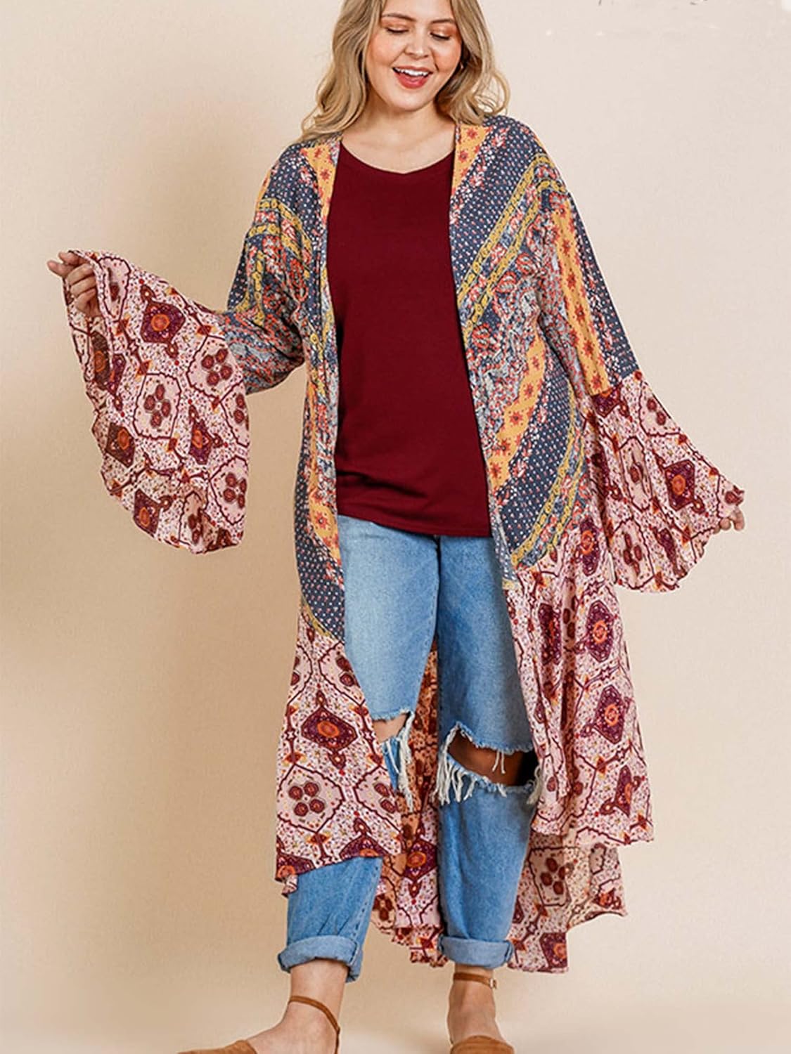 Umgee Womens Ruffled Long Body Kimono with a Multicolored Print