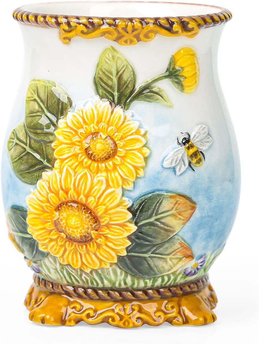 Ceramic Sunflower Bathroom Accessories Set, 4 Piece Bathroom Ensemble Set with Toothbrush Holder, Toothbrush Cup, Soap Dispenser, Soap Dish