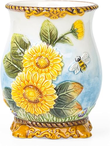 Miniatura 7 de FORLONG Juego de accesorios de baño de girasol de cerámica, conjunto de baño de 4 piezas con soporte para cepillo de dientes, taza para cepillos de