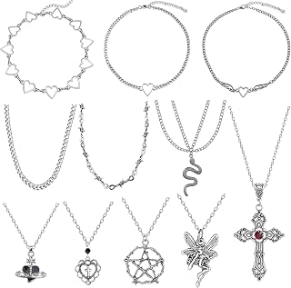 11PCS Grunge Goth Necklace Set for Women Teen Men Grunge Y2k Jewelry Cool Punk Gothic Cross Saturn Pentagram Snake Thorns Angel Heart Wing Statement Chain Choker Necklace Y2k Accessories