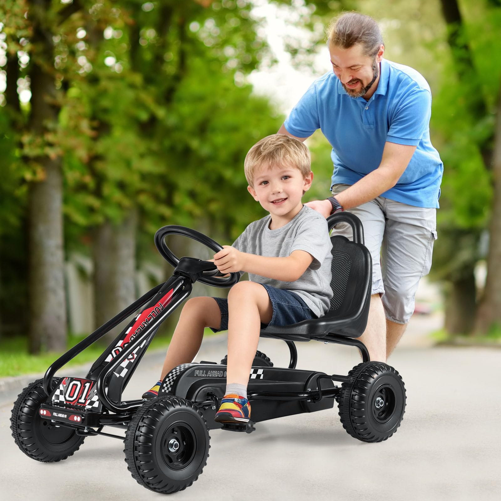 COSTWAY Gokart mit verstellbarem Sitz, Go Kart mit Handbremse, Tretauto bis 30 kg belastbar, Pedal Go Cart, Tretfahrzeug, Pedalfahrzeug, Kinderfahrzeug für Kinder ab 3 Jahren (Schwarz)