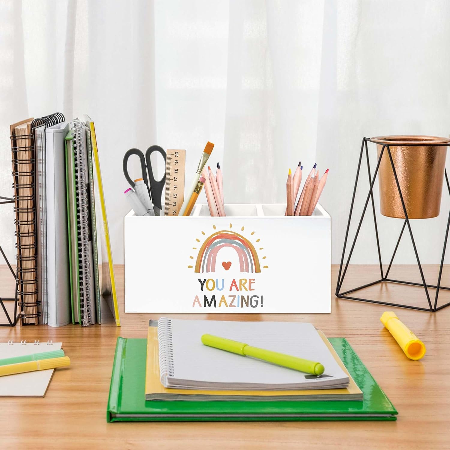 Boho Inspirational Pen Holder for Desk, Boho Classroom Pencil Organizer, You Are Amazing Rainbow Motivational Wooden Pen Holder Desk Accessories Decor for Home Office Classroom image 2
