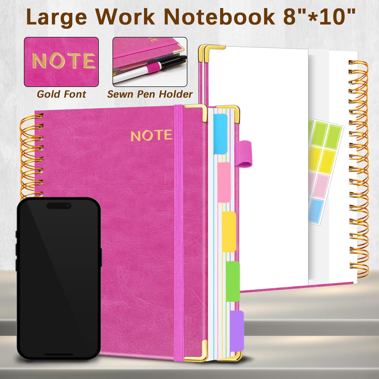 Cuadernos en espiral de tapa dura para el trabajo de 8 x 10 pulgadas, 300 páginas, cuaderno de 5 materias con separadores y pestañas, diario en espiral B5 para mujeres, cuaderno con rayas