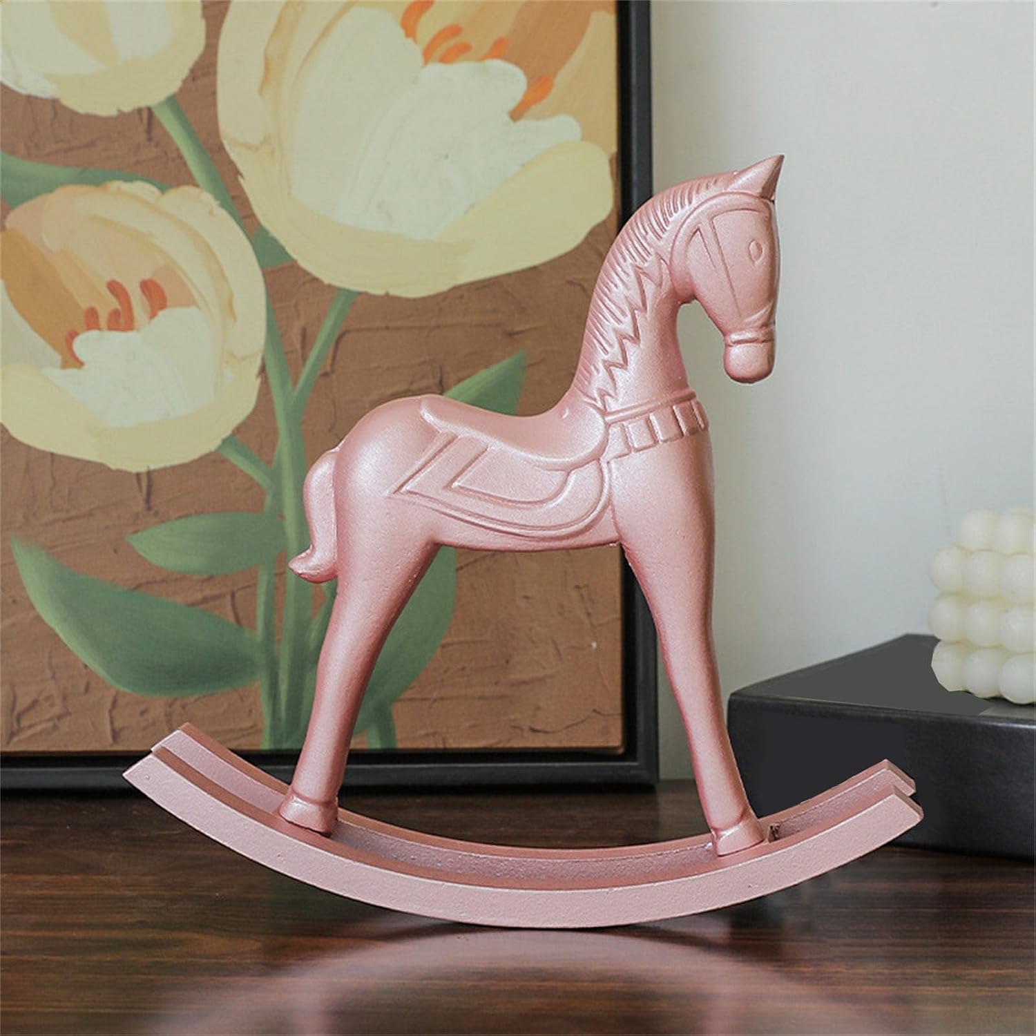 ordinarYone Wooden Pink Rocking Horse Miniature Figurine Nursery Decors European Styles Home Accent For Room