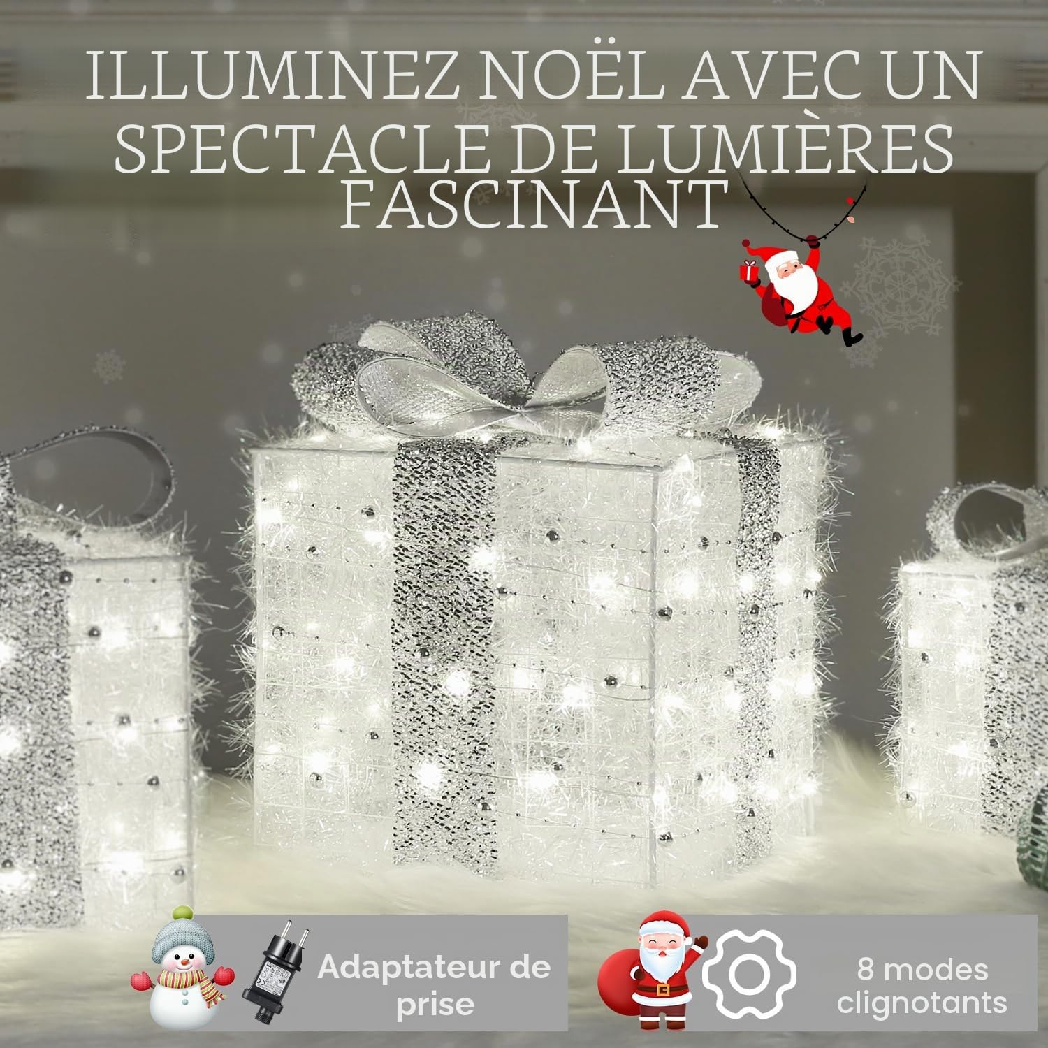 Boîtes Cadeaux Lumineuses de Noël avec 140 LED, Lot de 3 Boîtes de Noël avec 8 Modes Impermeable Con Memoria,Boîte Cadeau de Ruban de Tissu en Peluche avec Plug(Blanc Chaud)