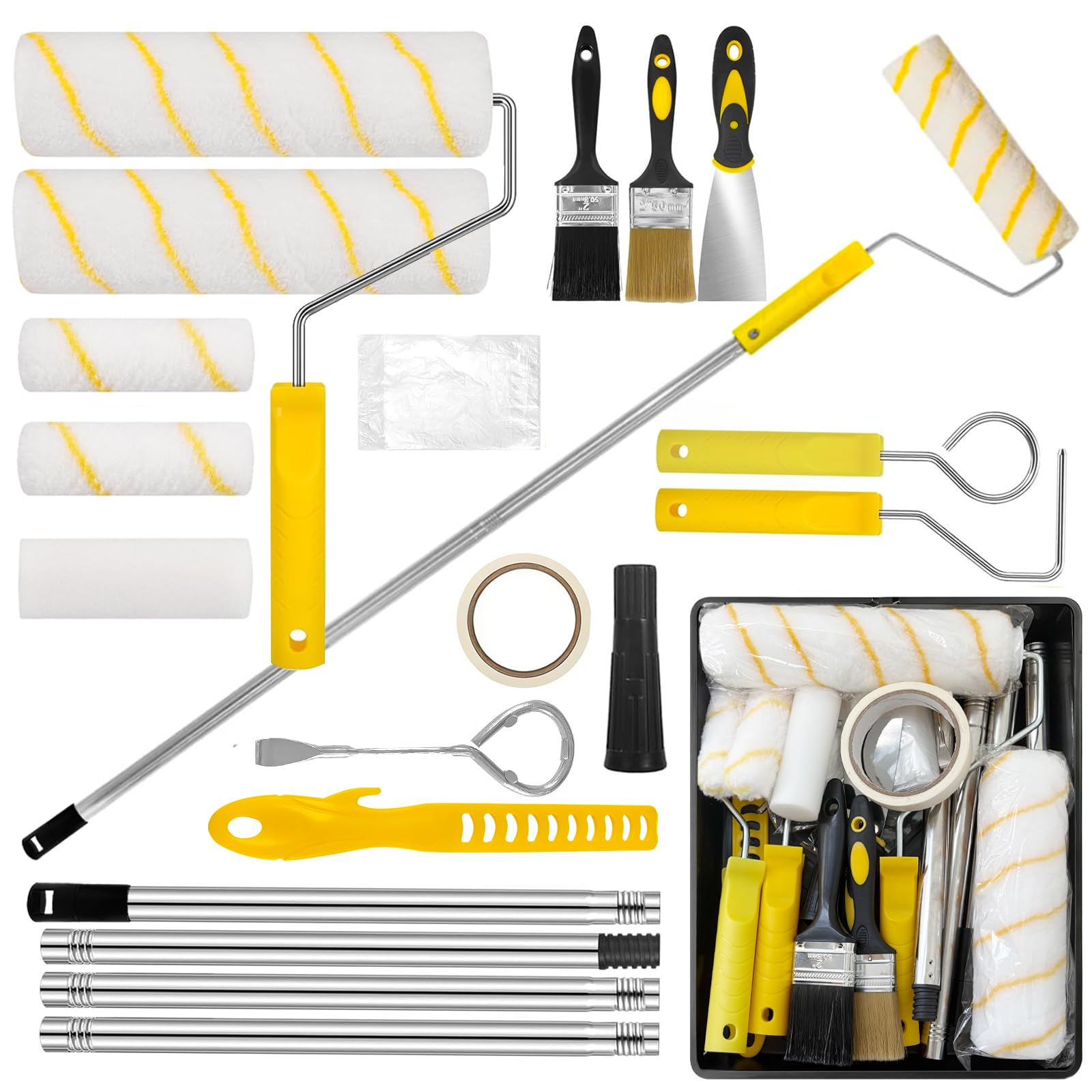 Set da pittore da 18 pezzi con asta telescopica, set professionale con rulli da 23 cm e 10 cm, vaschetta per vernice, pennelli e accessori, per pareti, soffitti e ristrutturazione