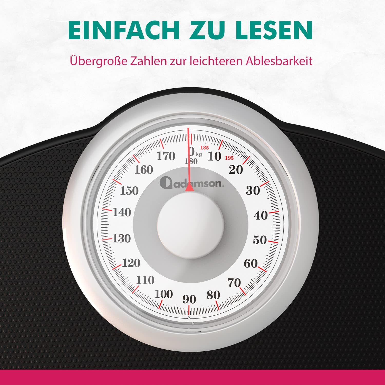 Adamson A25W Analogwaage - NEU - bis 180kg, rutschfeste Gummioberfläche, extra große Ziffern, hochpräzise Personenwaage Analog, langlebig, 20-Jahre Support für Haushalt, Schlafzimmer, Bad
