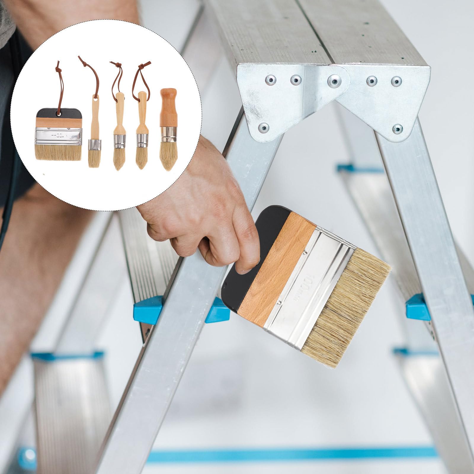 DOITOOL Set de 5 Pinceaux à Tête Ronde en Bois et Poils de Soie Robuste, Adaptés pour Peinture sur Chaises et Coiffeuses Sangles en Cuir Pratiques