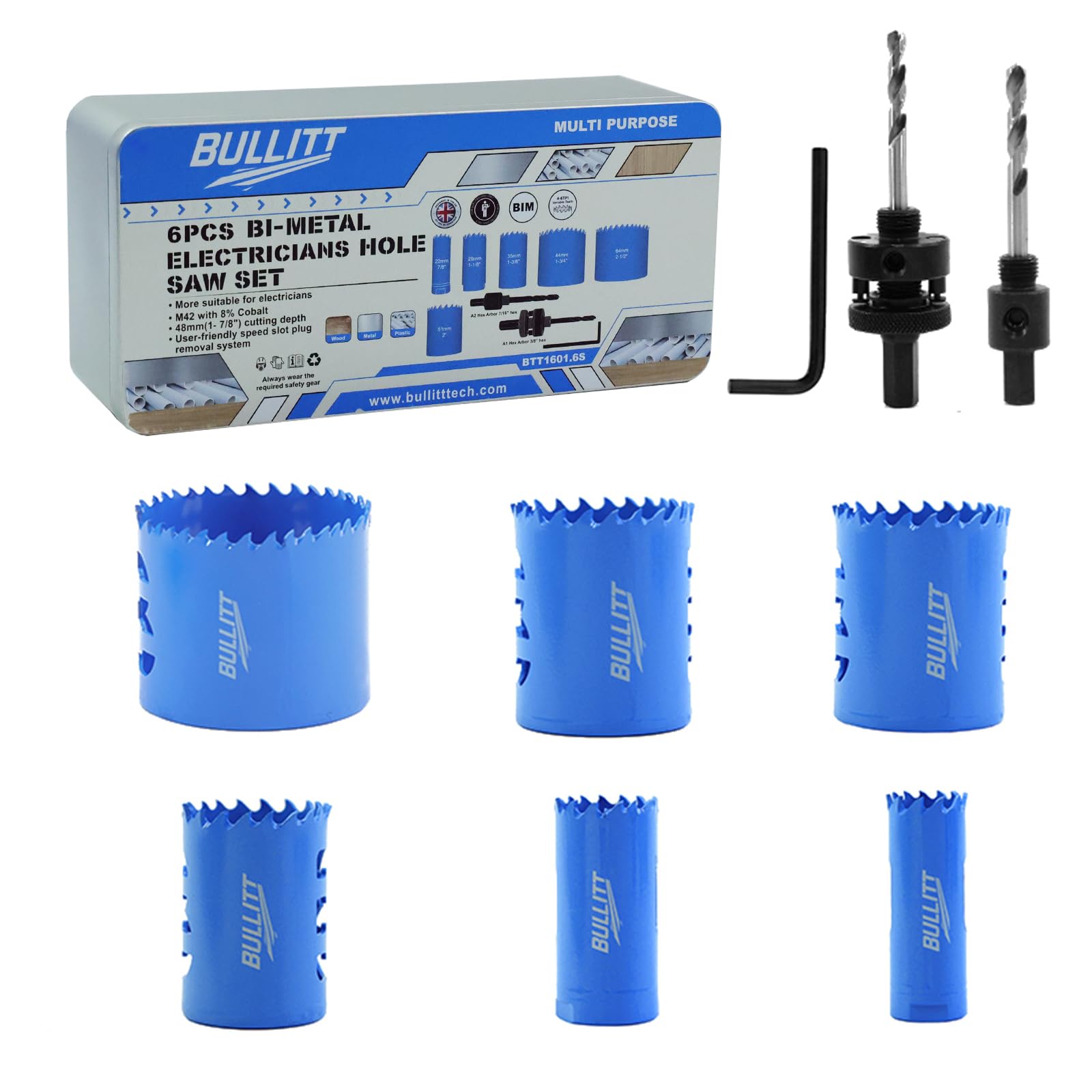 BULLITT 6PCS Bi-Metal Electricians Hole Saw Set,7/8" to 2-1/2" 8% Cobalt M42 Hole Saw Kit with 2 Arbors and a Hexagonal Wrench for Wood,Metal,Plastic,
