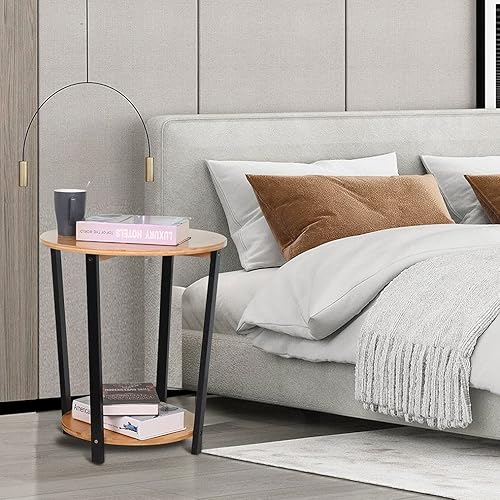 Miniatura 8 de Mesa auxiliar de bambú, mesa auxiliar redonda ecológica, sofá mesa de café con estante de almacenamiento, fácil montaje para sofá, sala de estar y