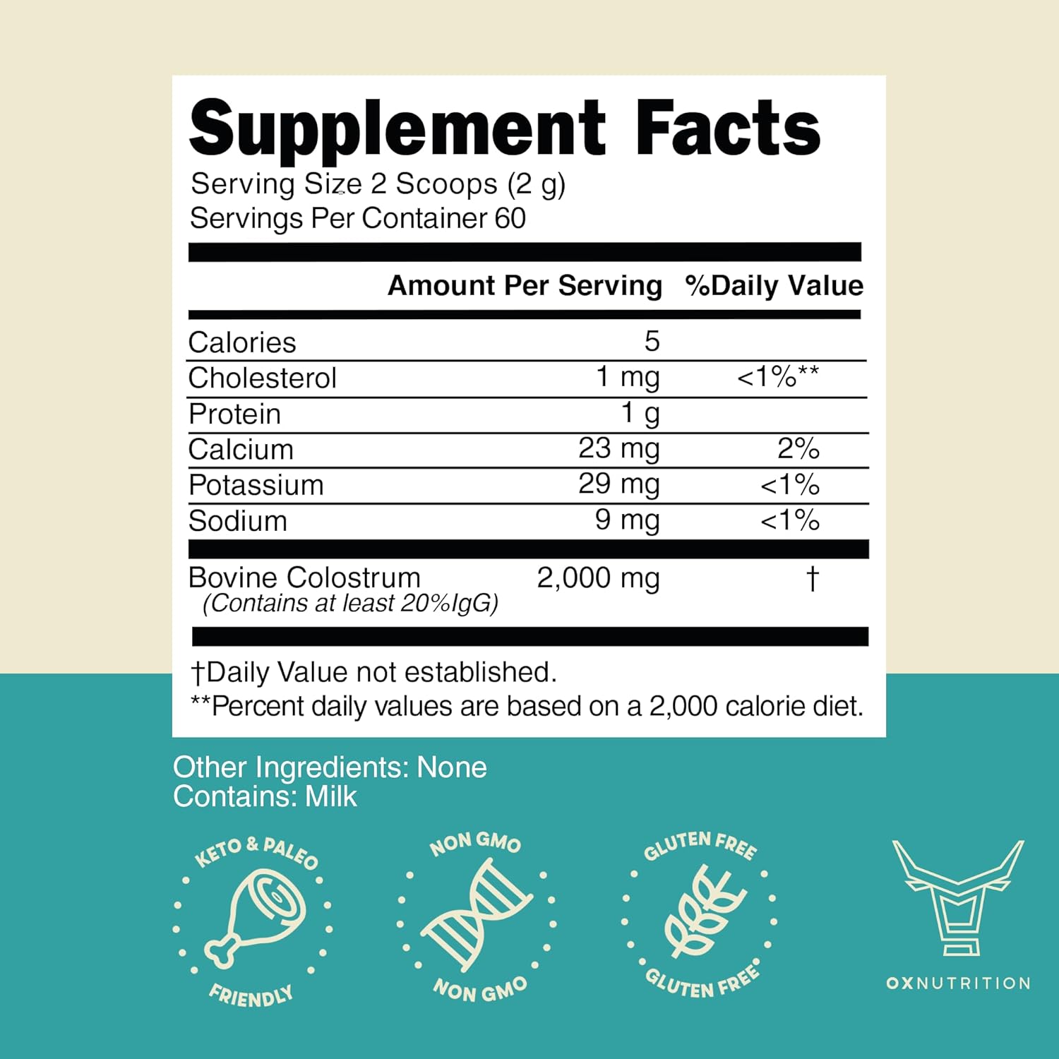OXNUTRITION Colostrum Powder for Gut Health, Immune Support, Muscle Recovery, Hair & Beauty | Pure Gress Fed Bovine Colostrum for Humans, Natural IgG, Unflavored, 60 Servings