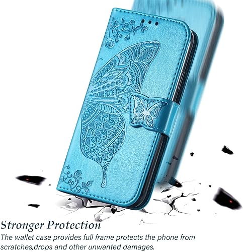 Miniatura 5 de Funda diseñada para Samsung Galaxy A03S, funda de piel sintética en relieve de mariposa con ranuras para tarjetas con correa para la muñeca, funda