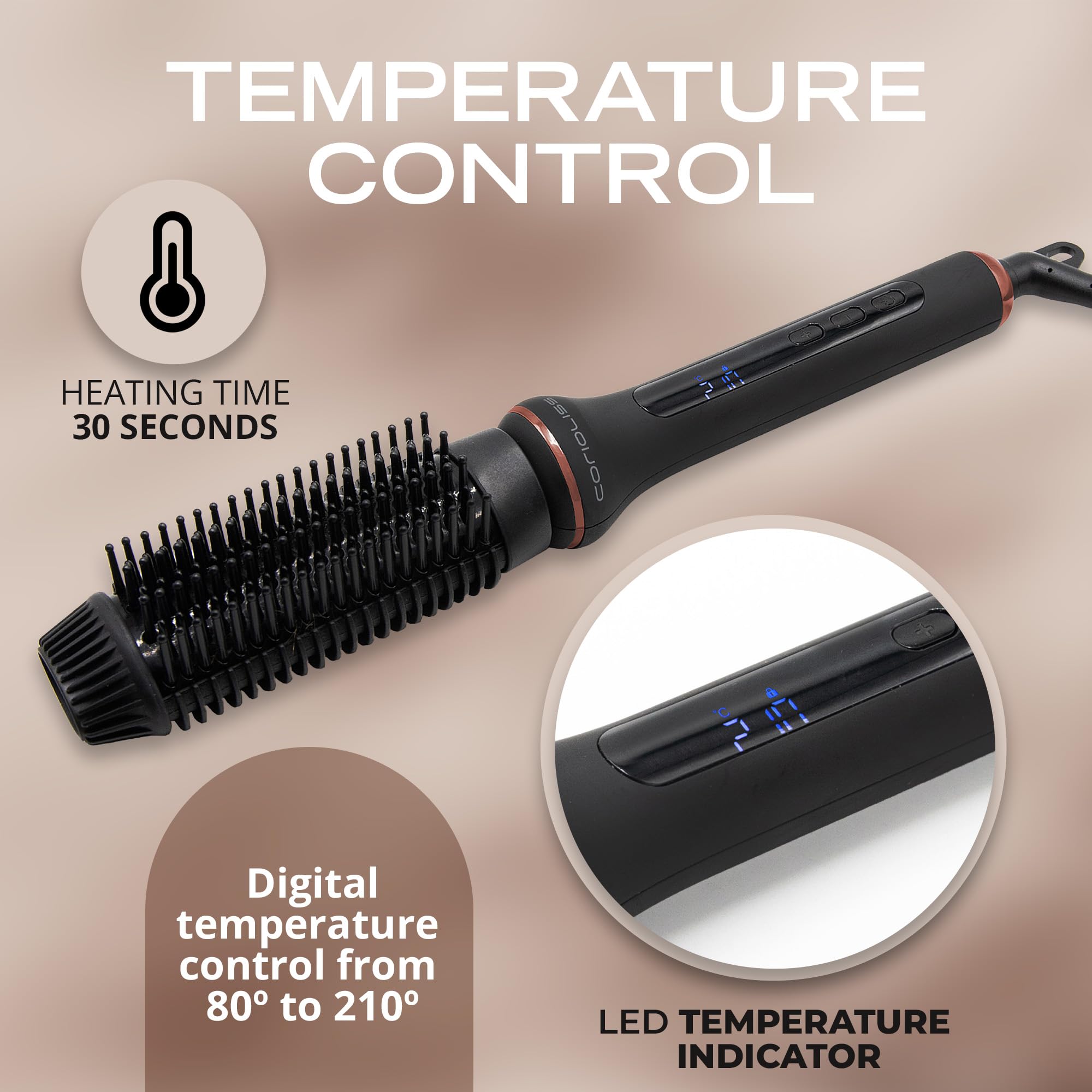Corioliss Elektryczna szczotka do prostowania włosów Hot Brush Antifrizz Kontrola temperatury od 80° do 210 ° jonowa ceramiczna automatyczne wyłączanie