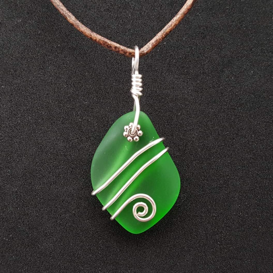 Hawaii Handmade Necklace, Hawaiian Jewelry, Leather Cord Necklace, Unisex Ocean Jewelry, Wire Wrapped Unique Jewelry, Sea Glass Jewelry Birthday Gift