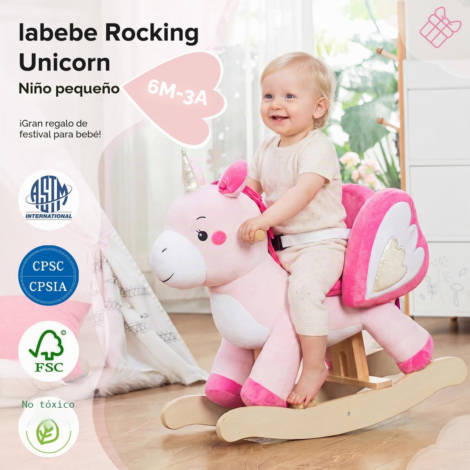 Labebe - Unicornio Rosa Mecedora Caballo Balancín para Niña 1-3 Años, Juguete de Madera y Peluche con Columpio