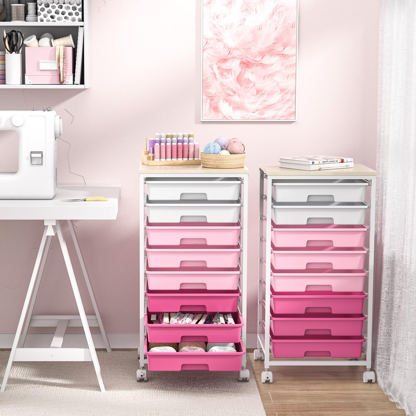 SYKIARIOL Carrito de almacenamiento de 8 cajones con ruedas bloqueables, rosa | Ruedas bloqueables, cajones de plástico, multiusos, para escuela, dormitorio, sala de manualidades, sala de estar