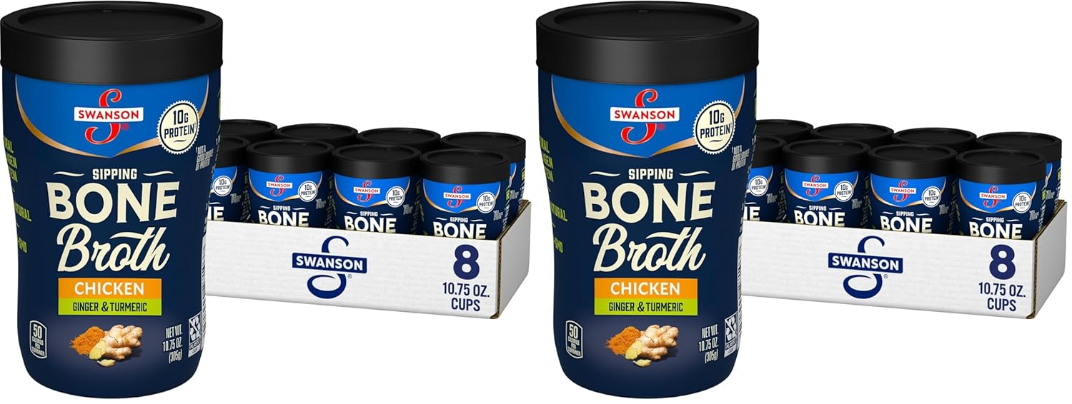 Swanson Sipping Chicken Bone Broth With Ginger and Turmeric, 10.75 oz Microwavable Cup (8 Pack)