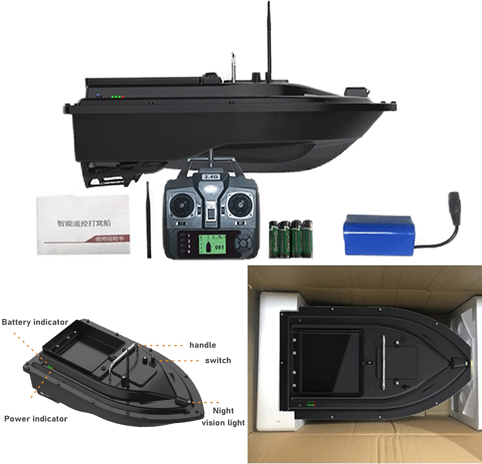 Barca Esca Telecomandata da Pesca, Barchino Carpfishing con GPS e Luce Notturna a LED, RC Barca Dell'esca-500m Posizionamento GPS, Scelta Migliore per la Pesca Notturna e Nuvolosa