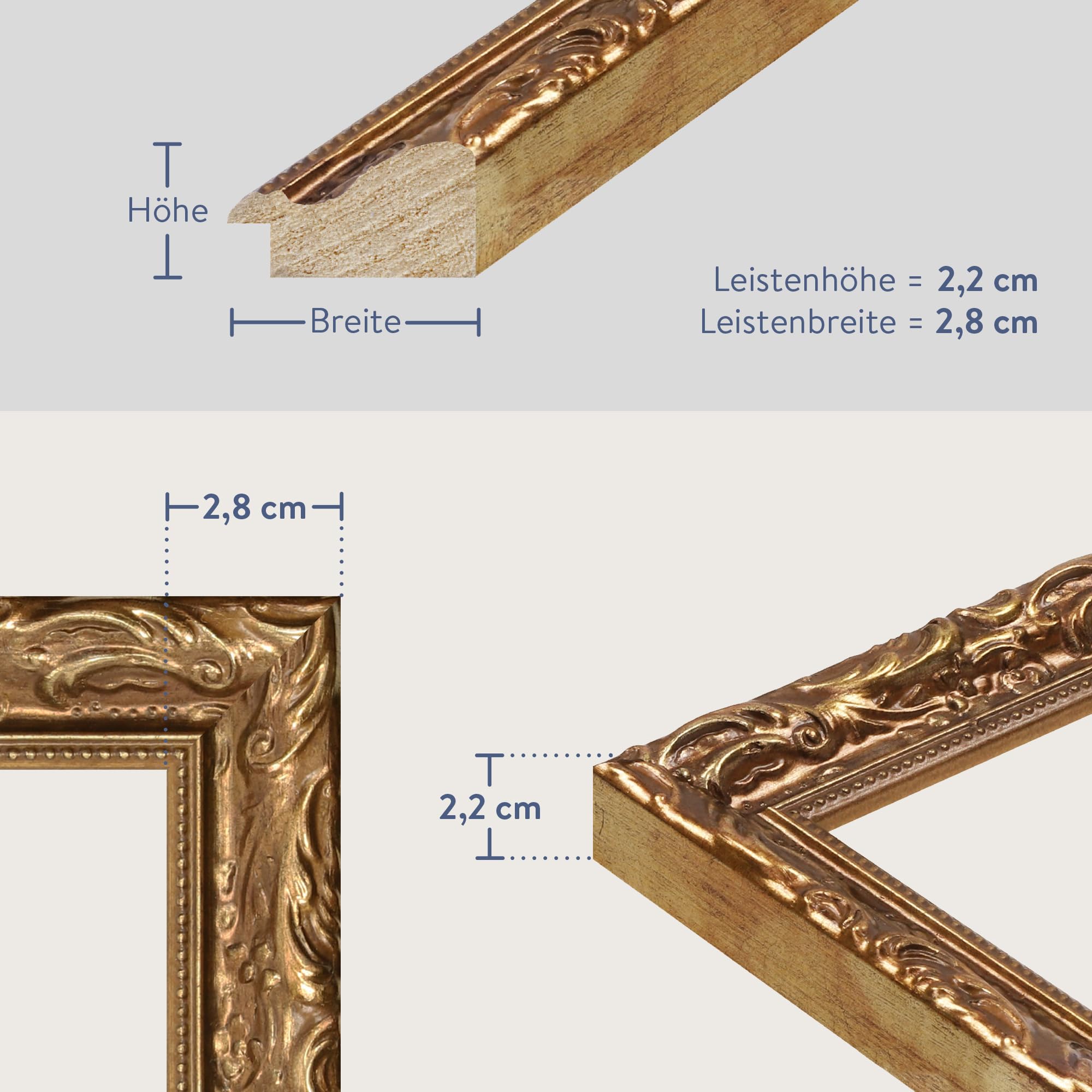 WANDStyle Bilderrahmen A3 Holz, DIN A3 Bilderrahmen Gold Vintage 42x30 cm | Hochwertiger Holzbilderrahmen Antik, Posterrahmen zum Aufhängen, Rahmen 30x42 cm, Fotorahmen H530 Made in Germany
