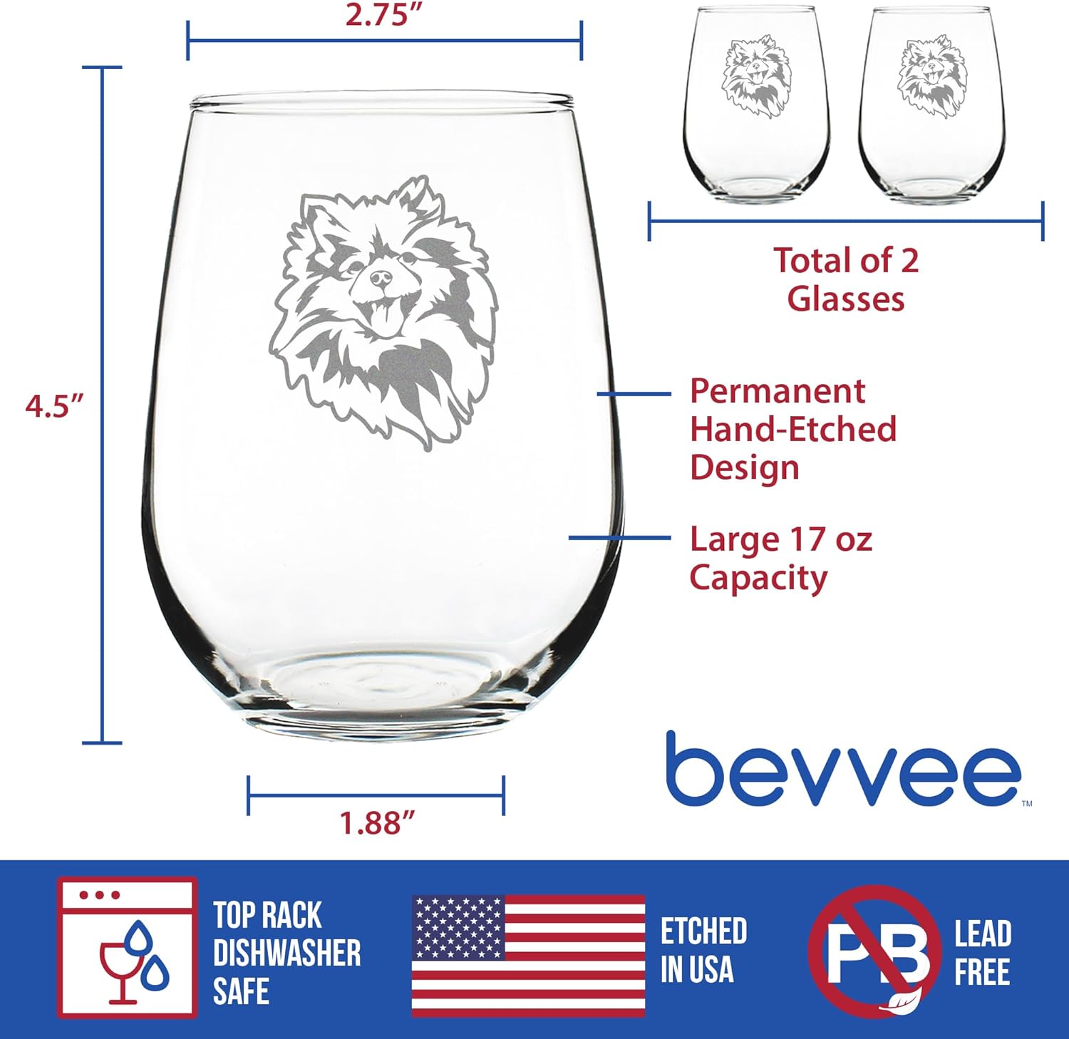 Bevvee Pomeranian Face Stemless Wine Glass - Cute Dog Themed Decor and Gifts for Moms & Dads of Pomeranians - Set of 2 - Large 17 Oz