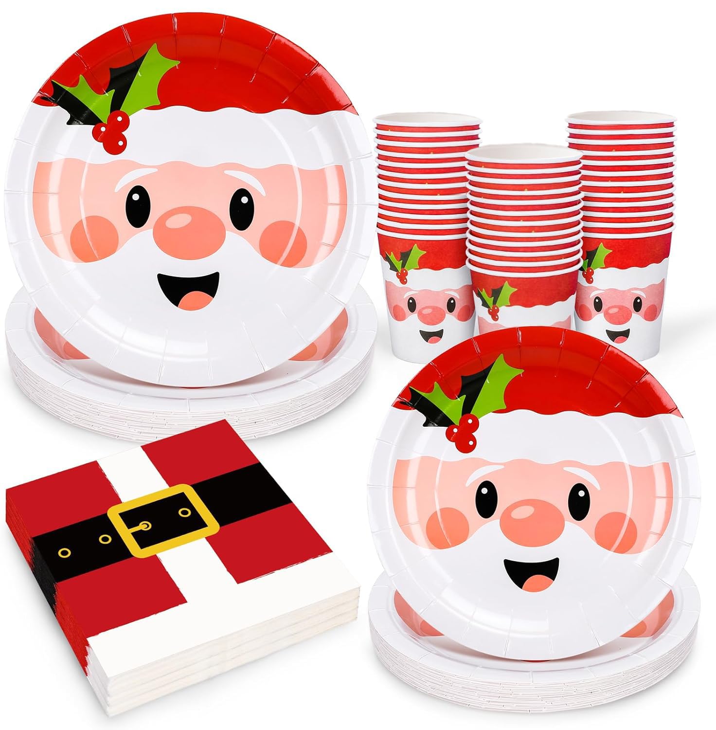 KAHEIGN 100Pcs Christmas Party Paper Tableware Set, 25 x 9 Inch Dinner Plates, 25 x 7 Inch Salad Plates, 25 x 270ml Cups, 25 x 16CM Napkins - for Holiday Christmas Party Decoration