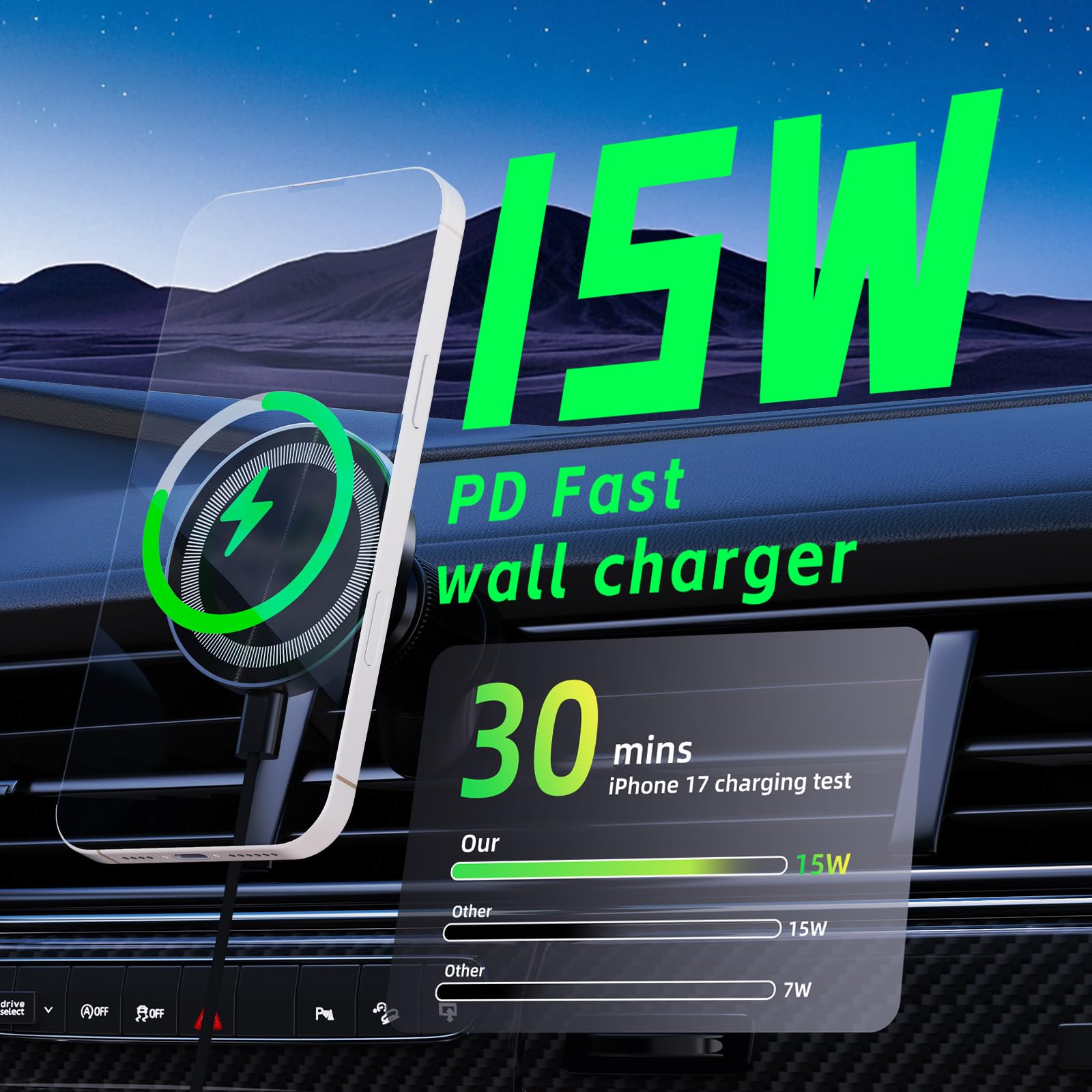 Support Telephone Voiture Induction-【15W Pro & Super Aimants】 Chargeur Mogsafe Voiture sans Fil, Chargeur Induction Voiture Magnetique pour iPhone 17/16/15/14/13/12 Air Pro Max - 2