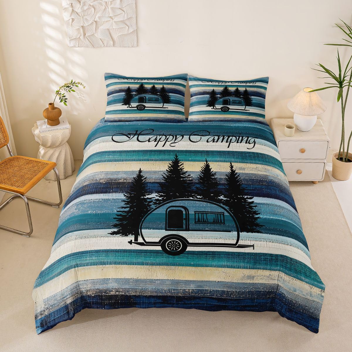 Happy Camping Super King poszewka na kołdrę las sosnowy obóz podróżny zestaw pościeli do samochodu dla dorosłych nastolatków kobiet domek kempingowy kampera vintage poszewka na kołdrę dom wiejski