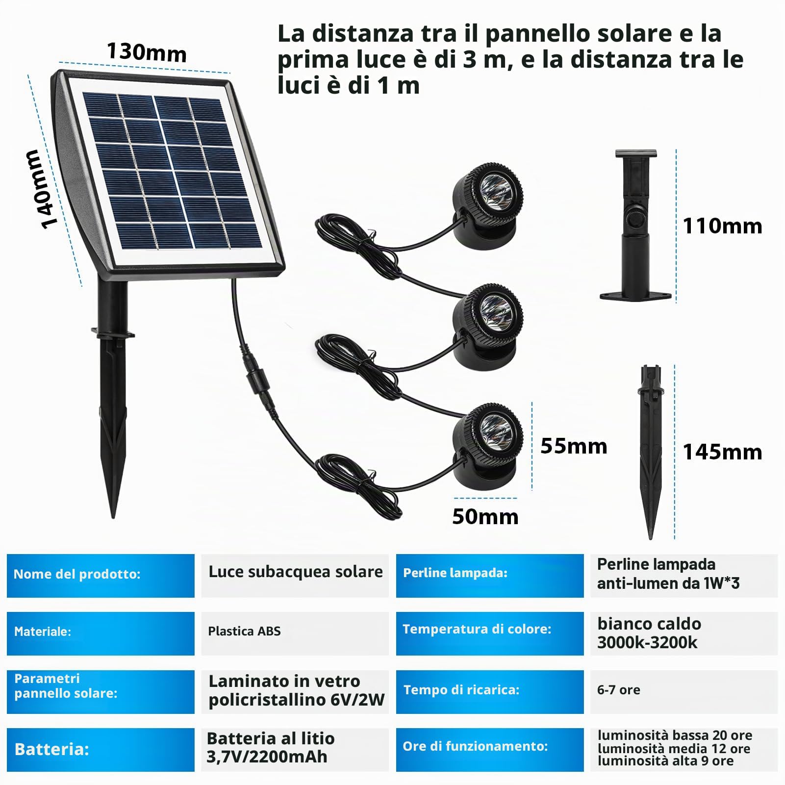 Jadeshay Luce Piscina Pannello Solare Policristallino 6V/2W Laghetto da Giardino Esterno con 1W 3 Lampade Faretto Paesaggistico Impermeabile per Laghetto da Giardino