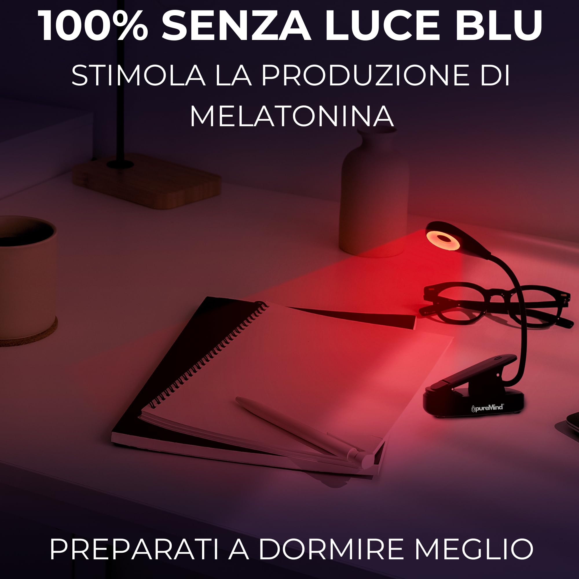Puremind Lampada Lettura Luce Rossa con Pinza USB Ricaricabile - Senza Luce Blu + Flicker Free - Collo Flessibile 360º + 3 Intensità - Lettura Notturna a Letto + Relax + Studio