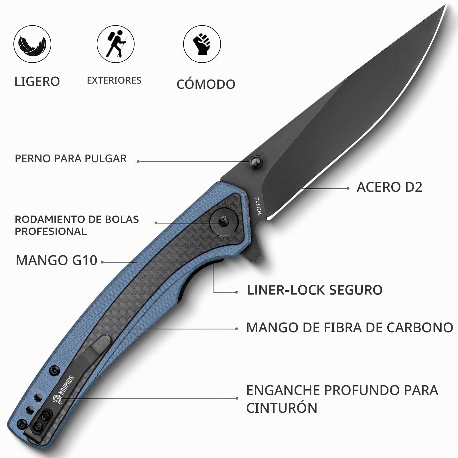 NedFoss Afilada navaja plegable, navaja de bolsillo con clip, cierre de forro seguro, Cuchillo de una mano de acero d2, adecuada para camping, Adecuado para camping, senderismo