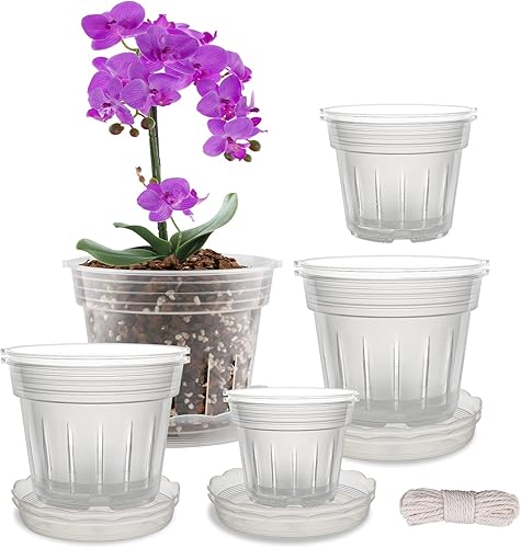 Maceta de orquídea, 8 macetas transparentes para orquídeas con agujeros y 6 platillos, 2 de cada una de 4.1, 4.8, 5.7 y 6.4 pulgadas para