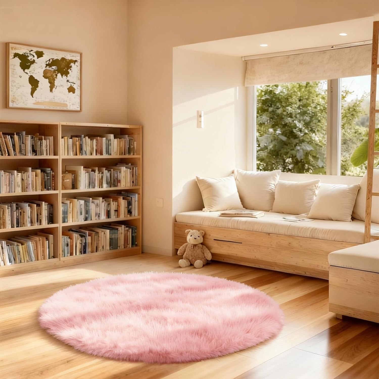 4x4 Round Solid Fluffy Pink Area Rug – Washable, Durable, Circle Bedroom Rug, Non-Slip High Pile Shag Rugs for Living Room, Bedside, Dorms, Grils Rooms, Kids Room, Soft Indoor Floor Carpet