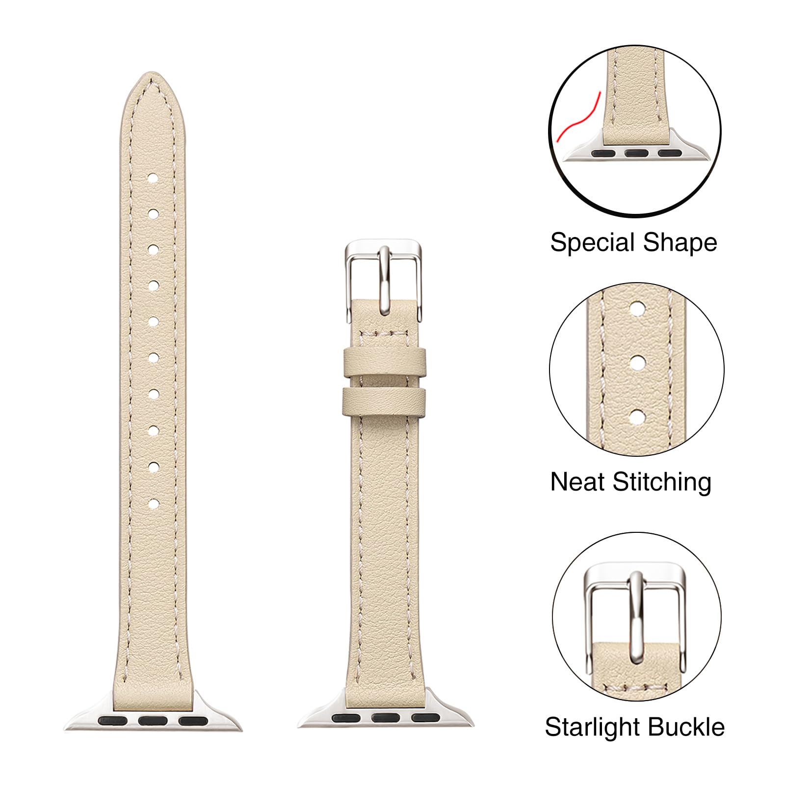 SUNFWR Leather Strap Compatible with Apple Watch Straps 42mm(Series 11 10) 41mm 40mm 38mm,Genuine Slim&Thin Replacement Band for iWatch Series 11 10 9 8 7 6 5 4 3 2 1/SE(Lvory white&Starlight) - Image 2
