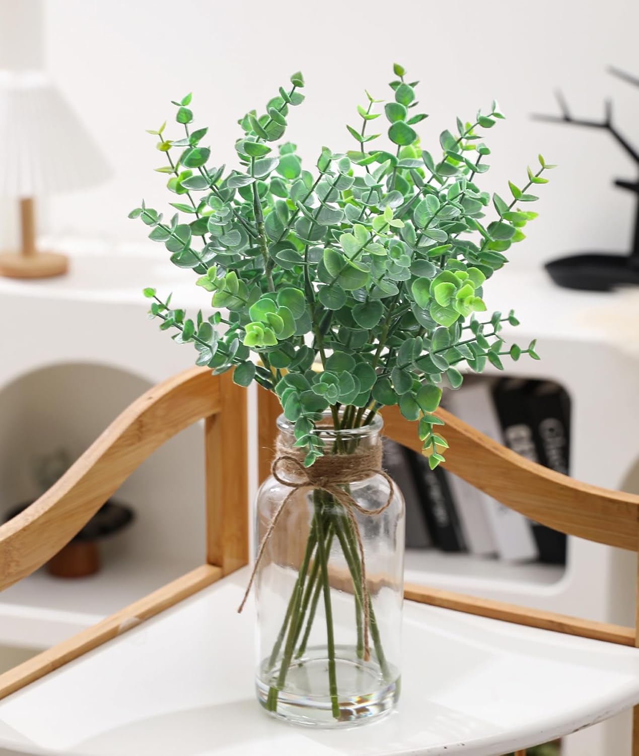 14" Lifelike Faux Eucalyptus Stems in Glass Vase - Artificial Eucalyptus Decor with Faux Water for Bathroom, Farmhouse,Coffee Table Decor, Wedding Centerpiece - Image 4