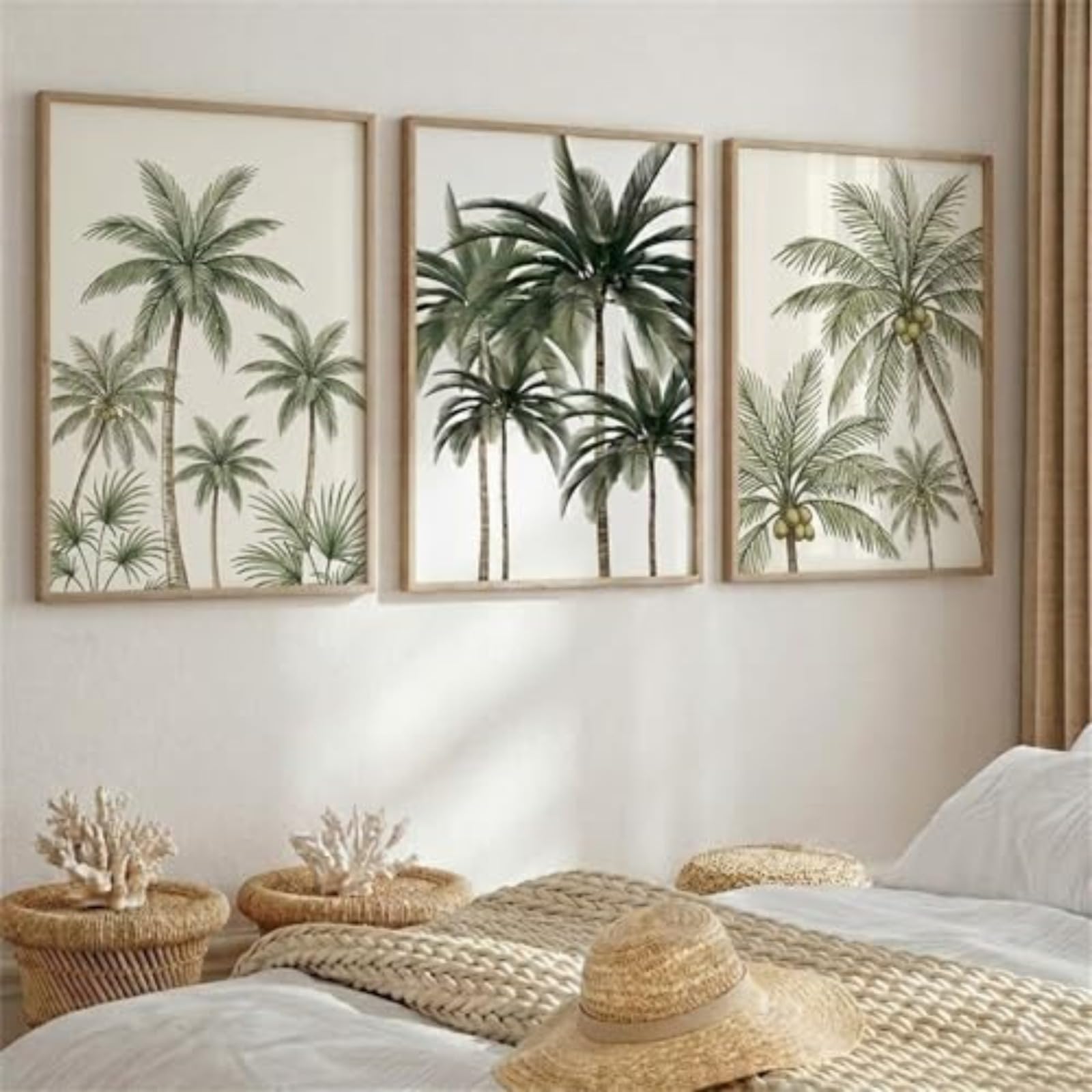ZBELLO Set of 3 Neutral Palm Tree Wall Art, Unframed Watercolor Tropical Prints, Minimalist Coastal Posters for Living Room Bedroom (40x50cm)