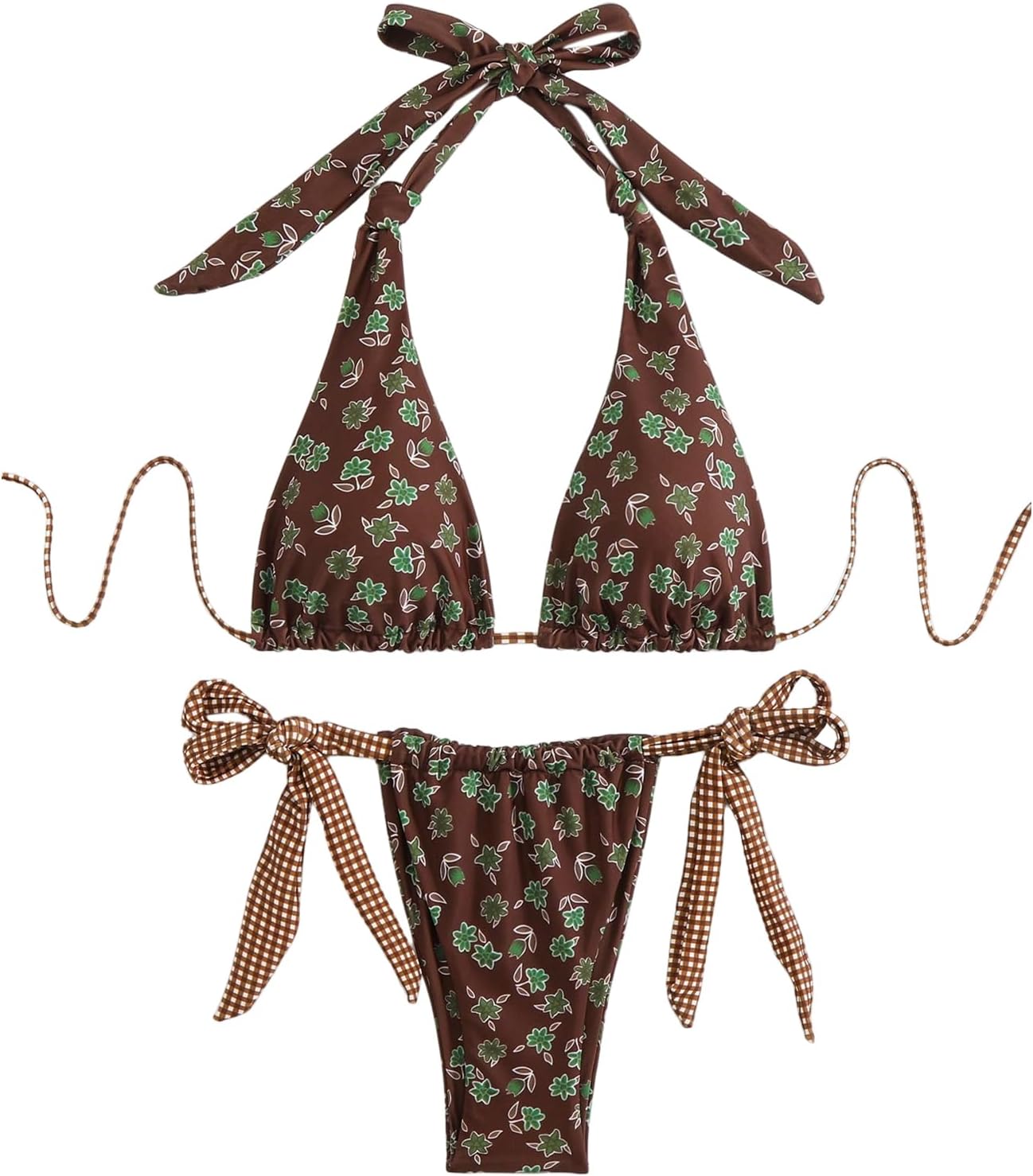 Women's 2 Piece Floral Plaid Swimsuit Halter Triangle Bathing Suit Bowknot Tie Side Bikini Sets
