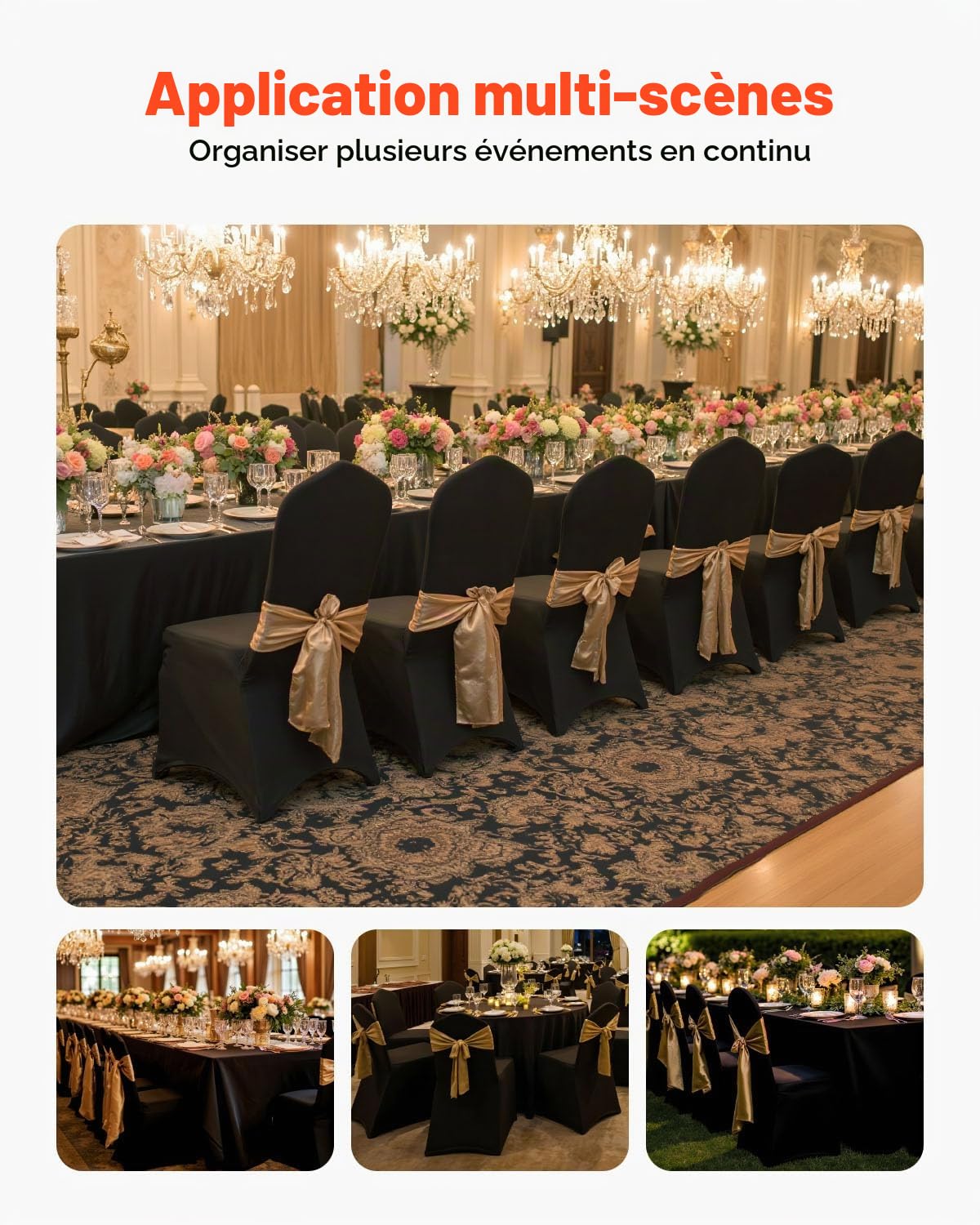 VEVOR Housses de Chaise Pliantes en Élasthanne Élastique, Couverture de Chaise Avant Arquée Universelle, Amovibles et Lavables, pour Mariage, Banquet, Fête, Célébration, Salle à Manger 100PCs Noir