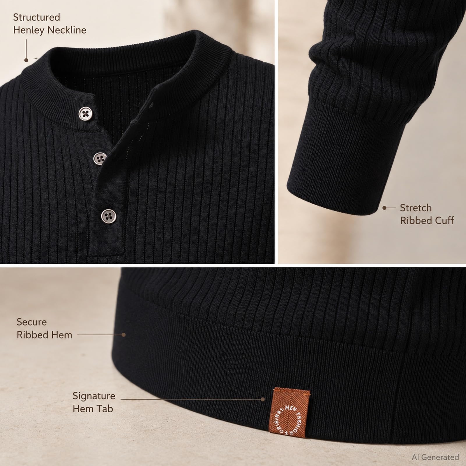 Męska koszulka Henley z długim rękawem Slim Fit Stretch Ribbed Pullover