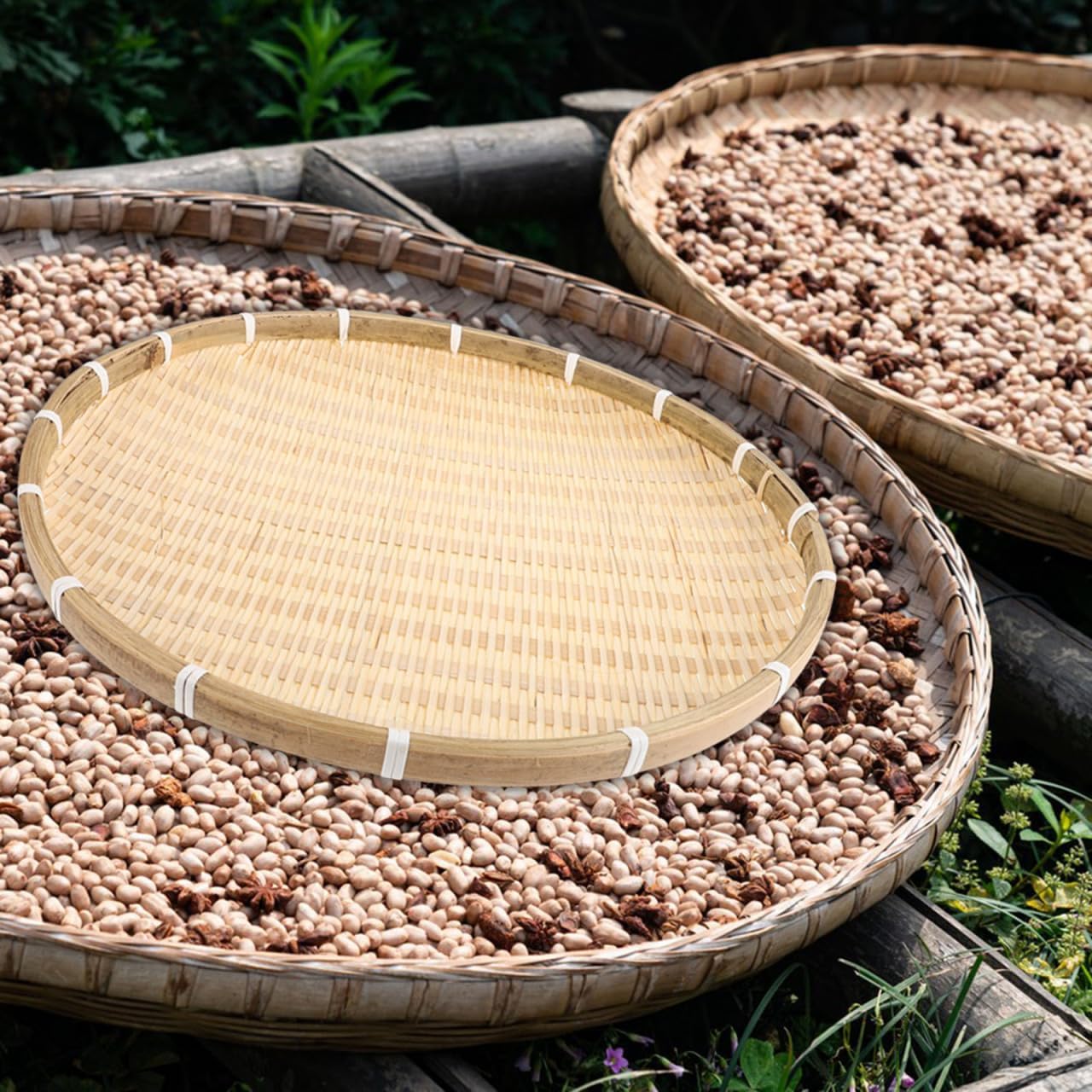 GANAZONO 16 Inch Bamboo Round Tray Woven Basket for Food Serving and Drying Handmade Bamboo Sieve for Kitchen Home and Party Use - Image 6