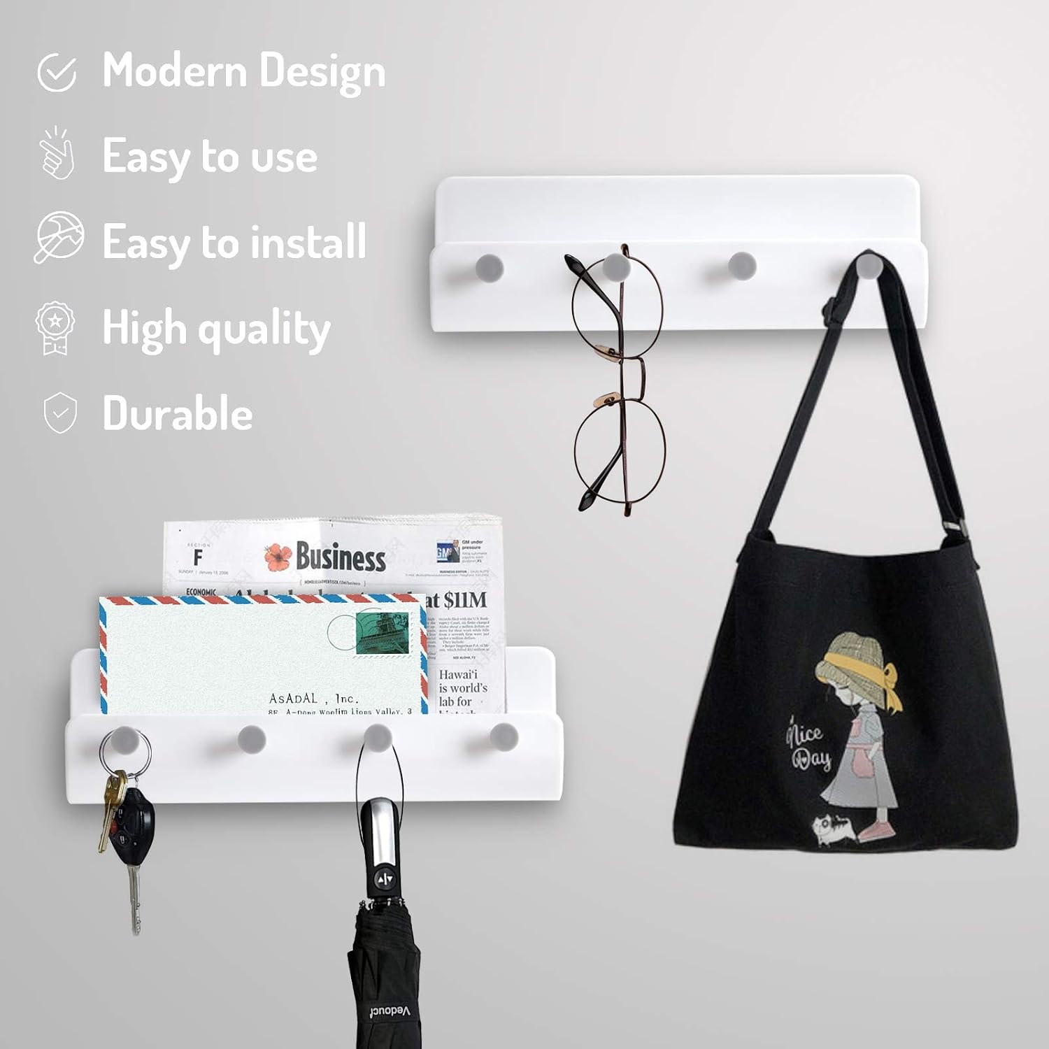 4 Hooks Adhesive Wall Mount Key Holder and Shelf for Mail, Entryway Kitchen Bathroom Door Storage Basket, U Style, White