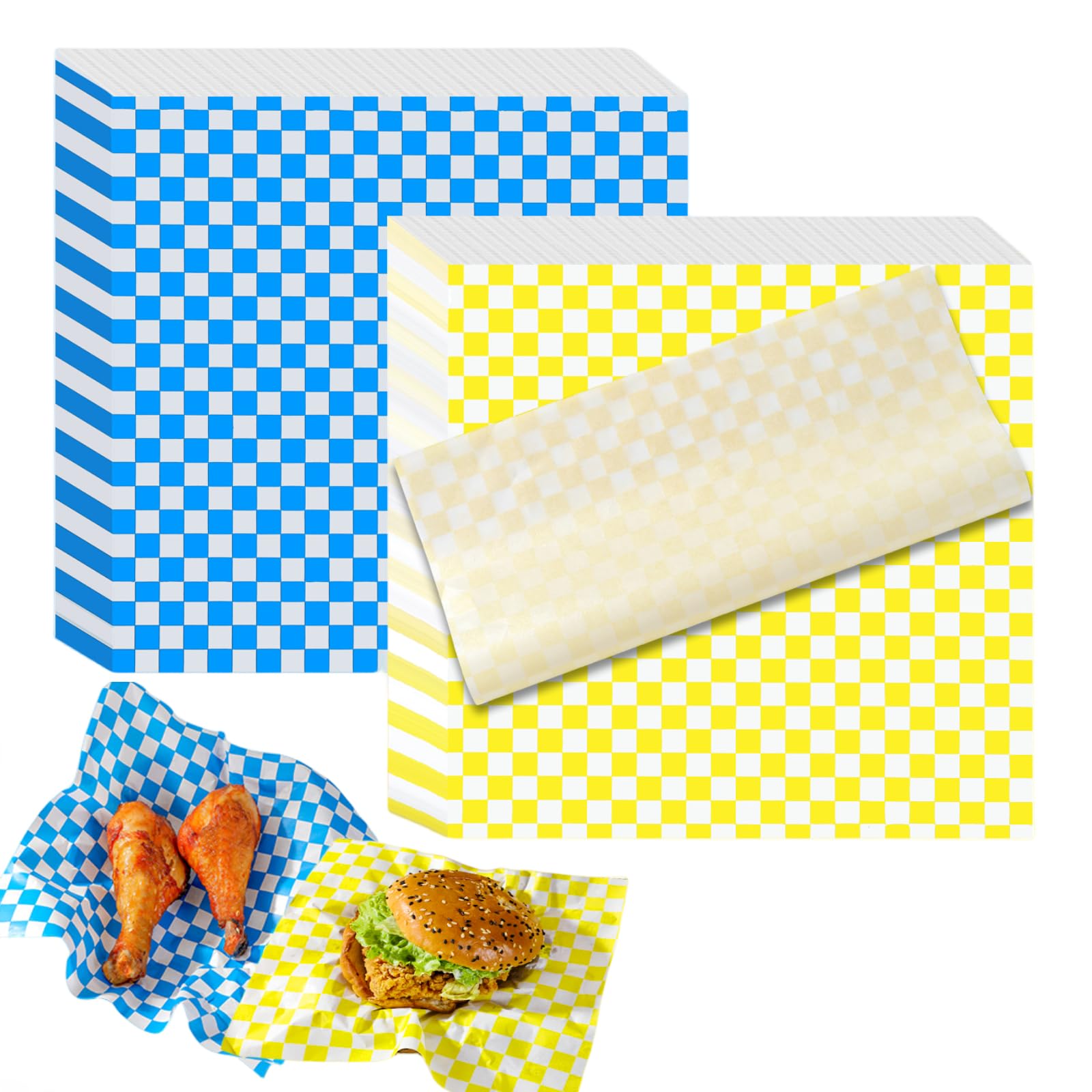 100 Pcs Waxed Deli Paper Sheets 12x12 inch Checkered Food Basket Liners Dry Deli Wrap Wax Paper Sheets for Pack Burgers Sandwiches (Blue 50pcs & Yellow 50pcs)
