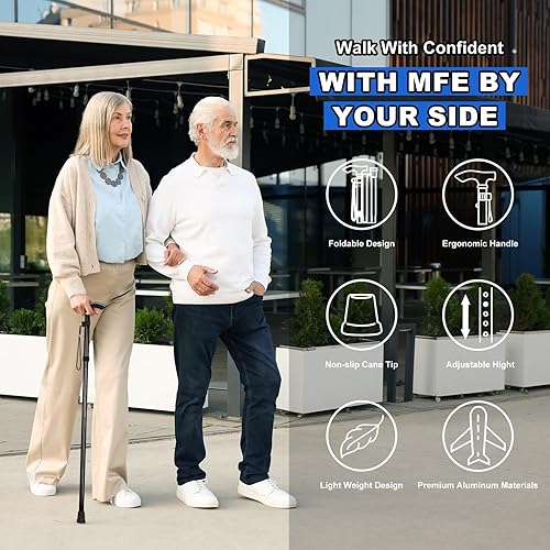 Miniatura 2 de MFE Bastón plegable, portátil de 5 niveles de altura ajustable con diseño plegable, correa de muñeca y mango en T para hombres y mujeres